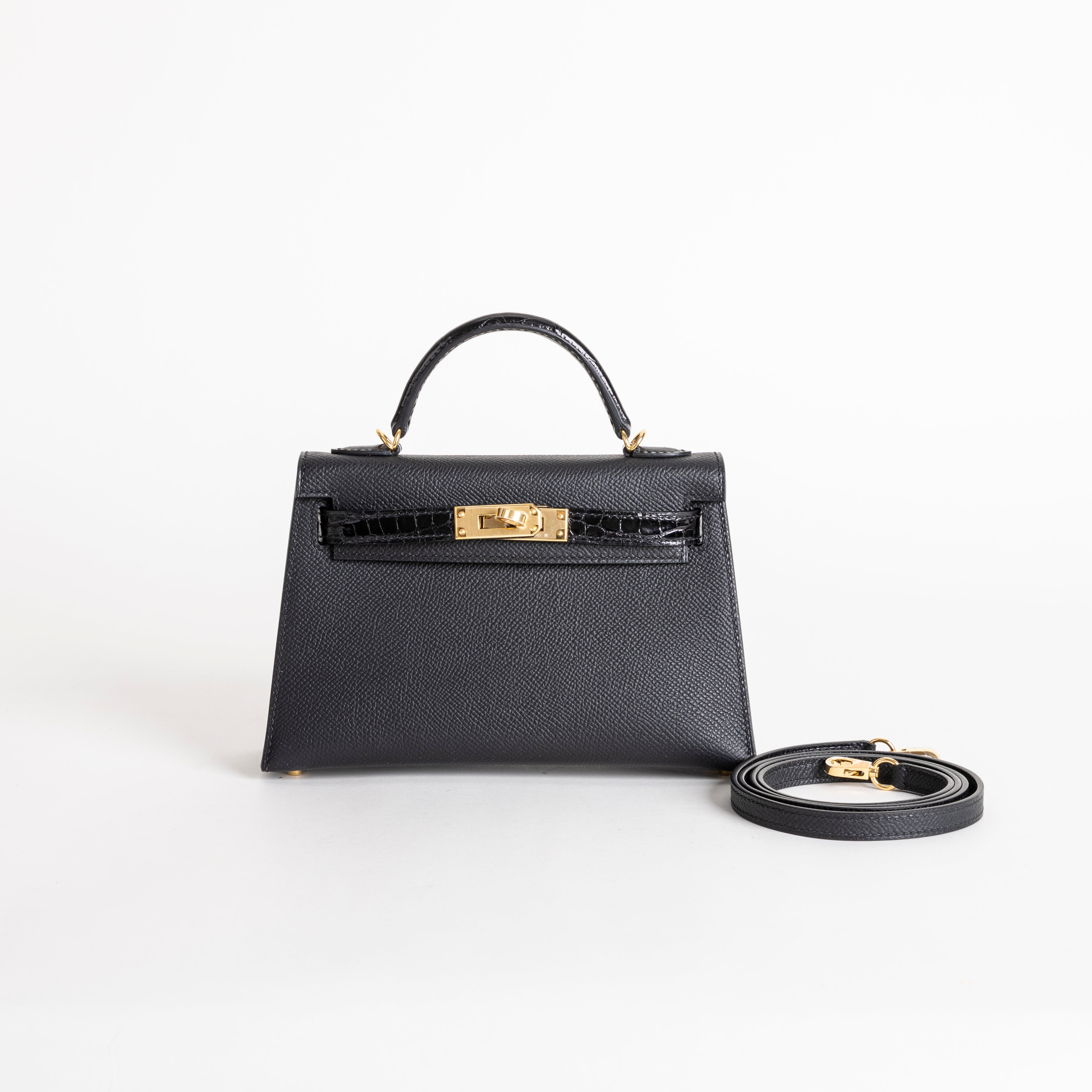 MINI KELLY II (20) TOUCH SHINY MISSISSIPPIENSIS ALLIGATOR LEATHER & EPSOM LEATHER NOIR (BLACK) WITH GOLD HARDWARE (GHW)