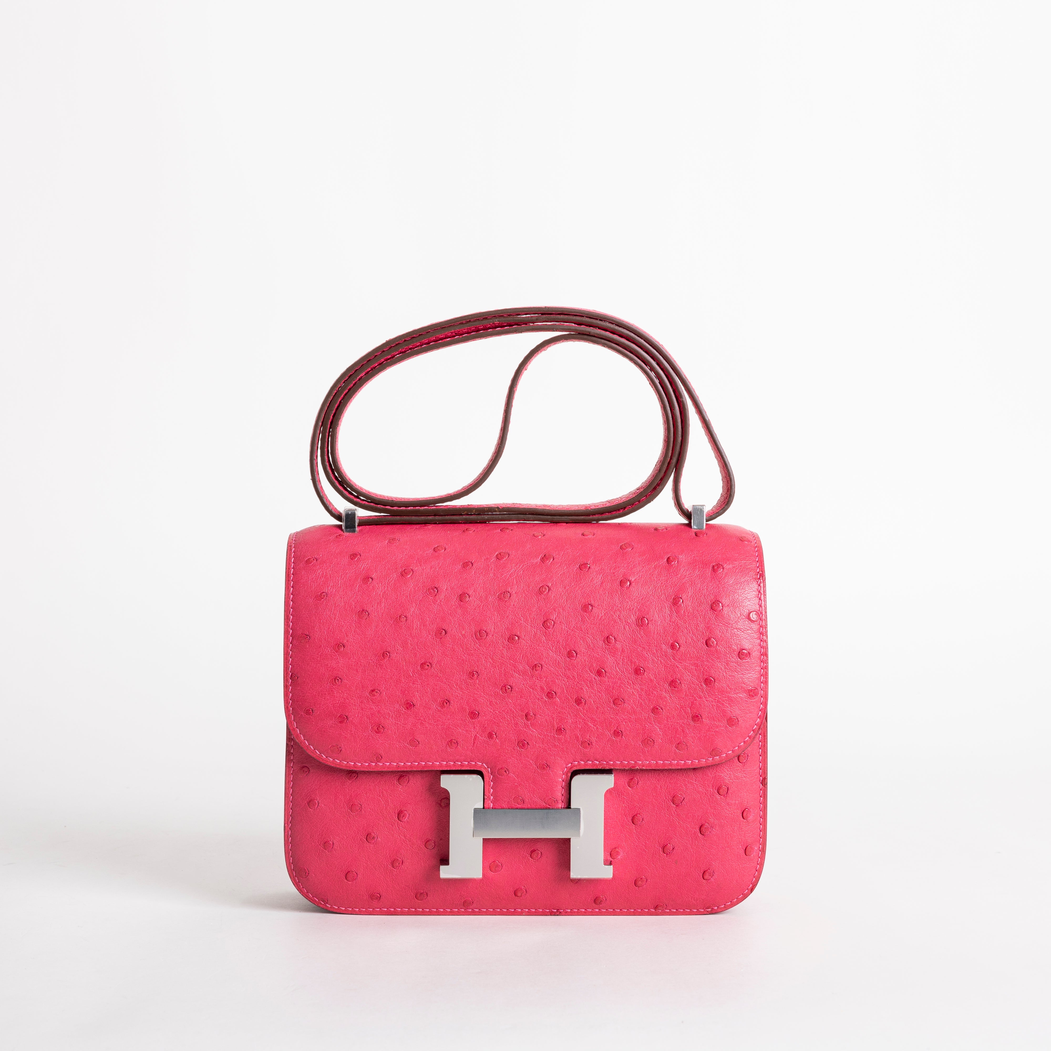 CONSTANCE 18 (MINI) OSTRICH LEATHER ROSE TYRIEN WITH PALLADIUM HARDWARE (PHW)