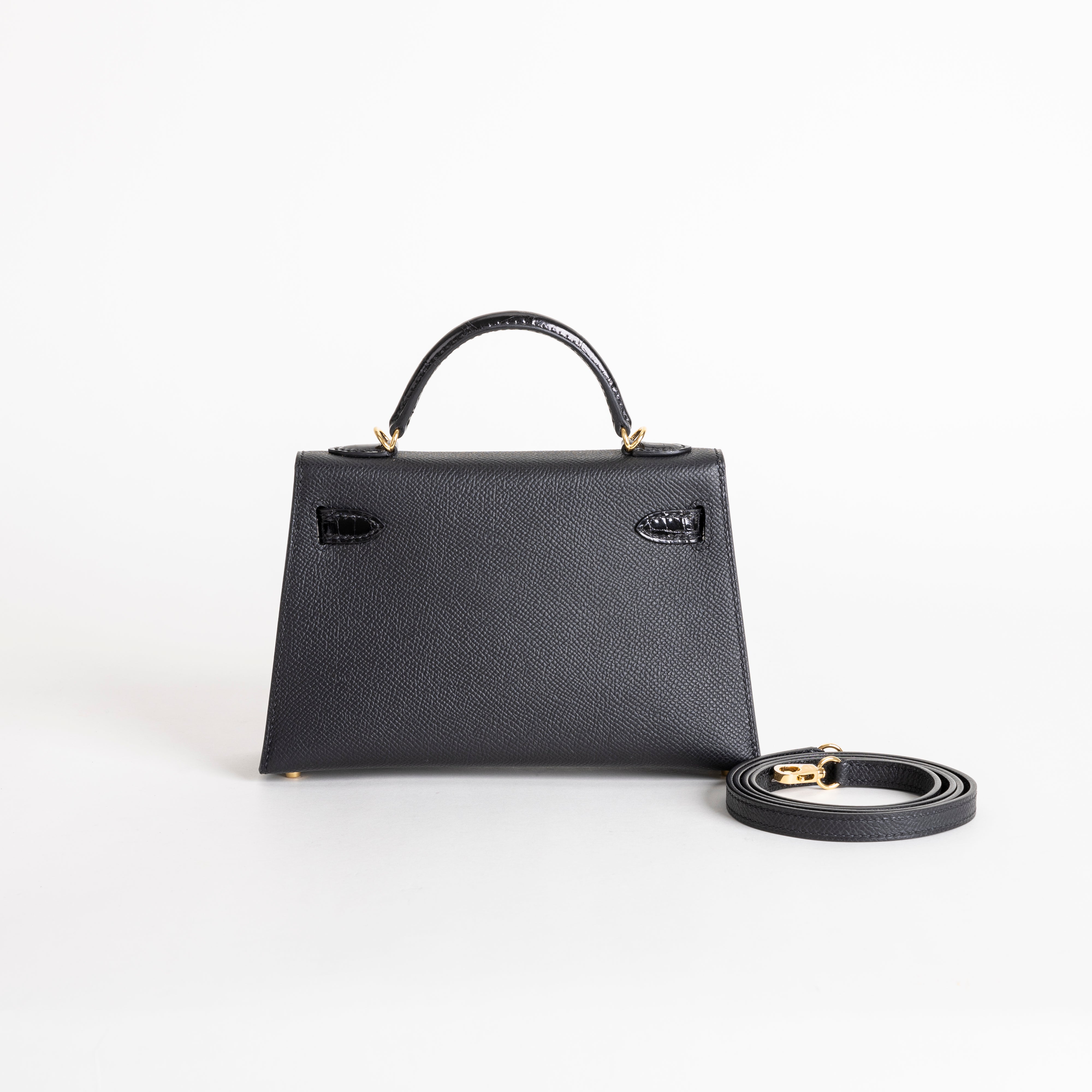 MINI KELLY II (20) TOUCH SHINY MISSISSIPPIENSIS ALLIGATOR LEATHER & EPSOM LEATHER NOIR (BLACK) WITH GOLD HARDWARE (GHW)