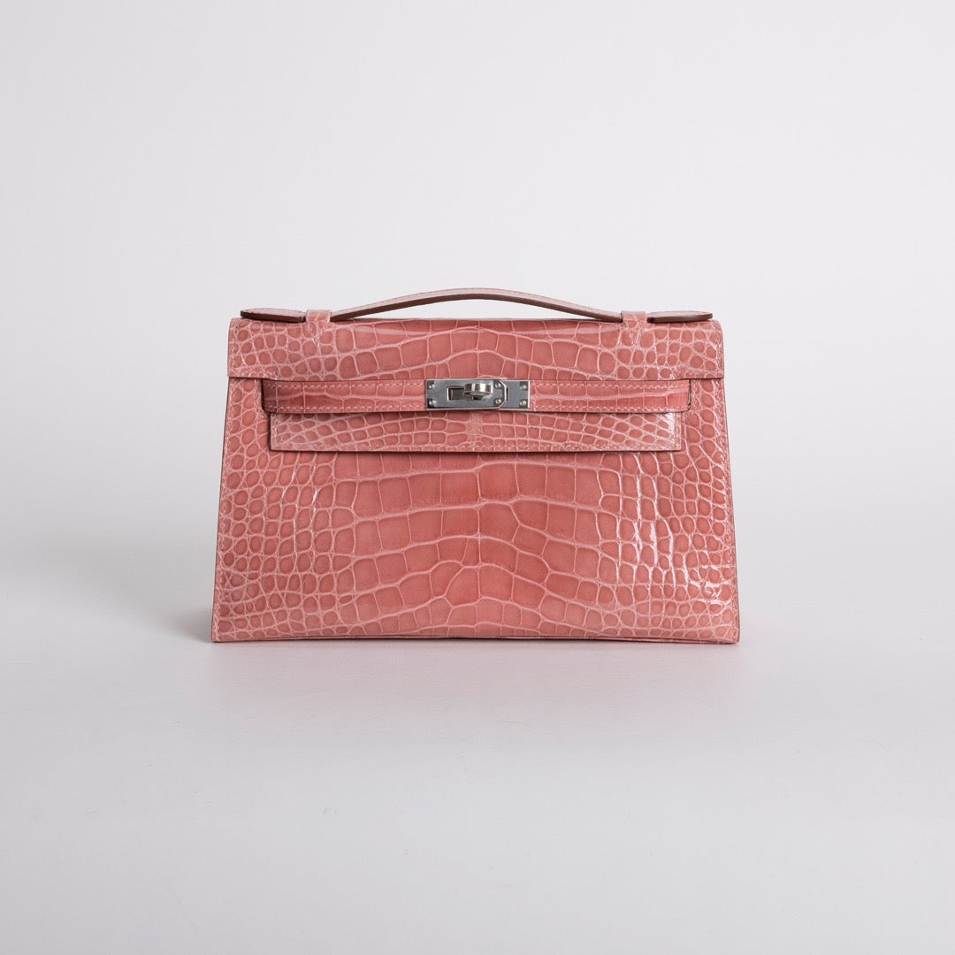 KELLY POCHETTE SHINY MISSISSIPPIENSIS ALLIGATOR LEATHER TERRE CUITE WITH PALLADIUM HARDWARE (PHW)