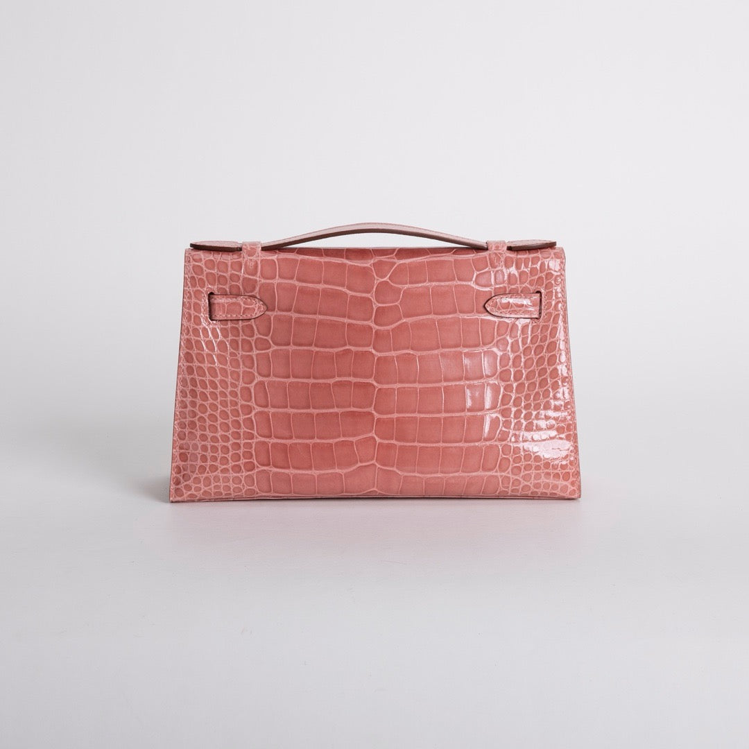 KELLY POCHETTE SHINY MISSISSIPPIENSIS ALLIGATOR LEATHER TERRE CUITE WITH PALLADIUM HARDWARE (PHW)