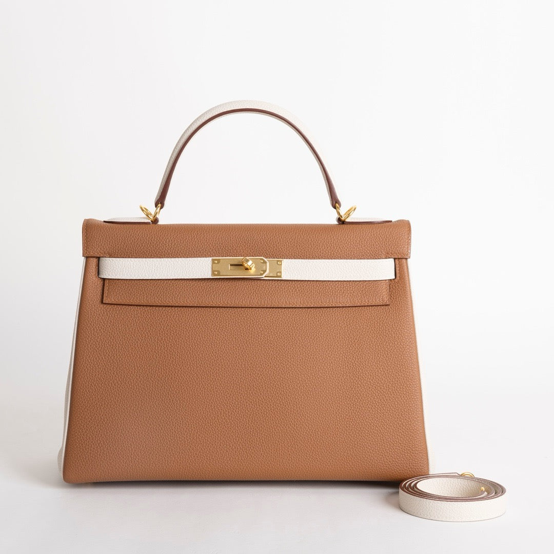 KELLY 32 TOGO LEATHER HORSESHOE STAMP (HSS) BI-COLOR GOLD & CRAIE WITH GOLD HARDWARE (GHW)