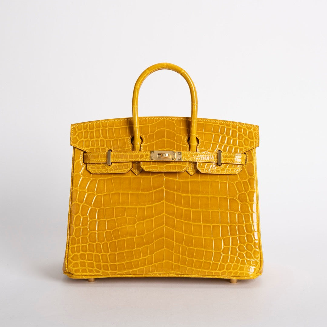 BIRKIN 25 SHINY NILOTICUS CROCODILE LEATHER JAUNE AMBRE WITH GOLD HARDWARE (GHW)