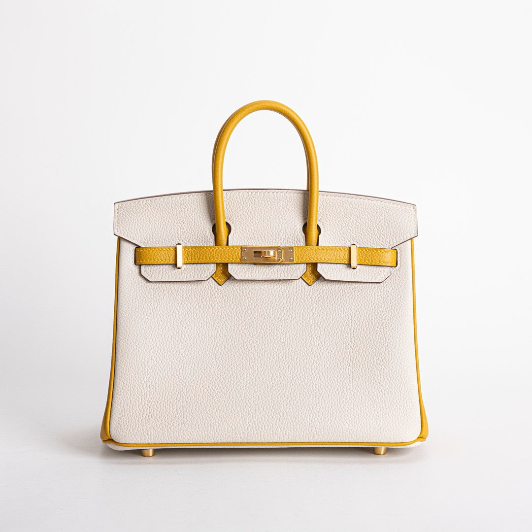 BIRKIN 25 TOGO LEATHER HORSESHOE STAMP (HSS) BI-COLOR CRAIE & JAUNE AMBRE WITH BRUSHED GOLD HARDWARE (BGHW)
