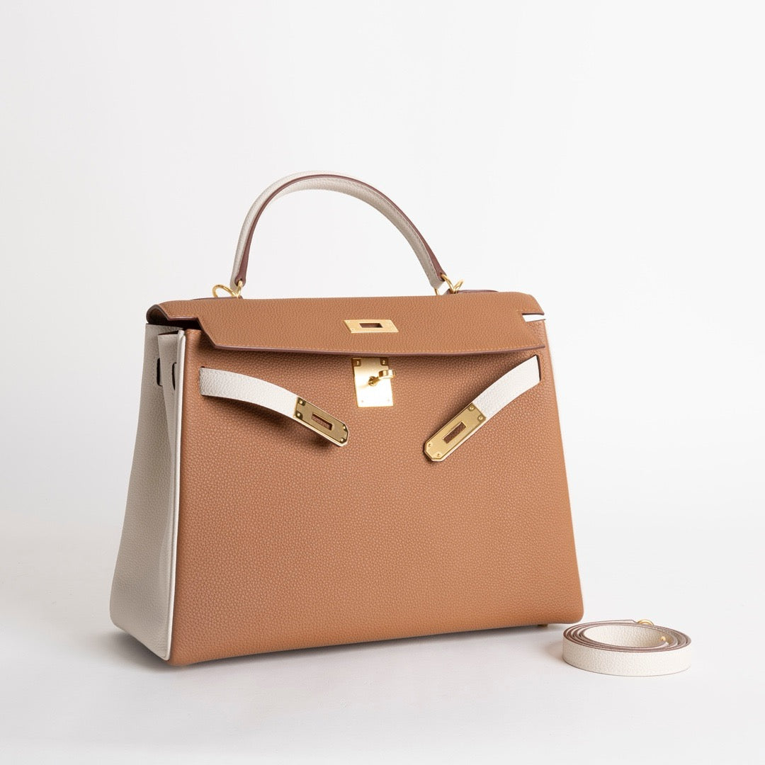 KELLY 32 TOGO LEATHER HORSESHOE STAMP (HSS) BI-COLOR GOLD & CRAIE WITH GOLD HARDWARE (GHW)