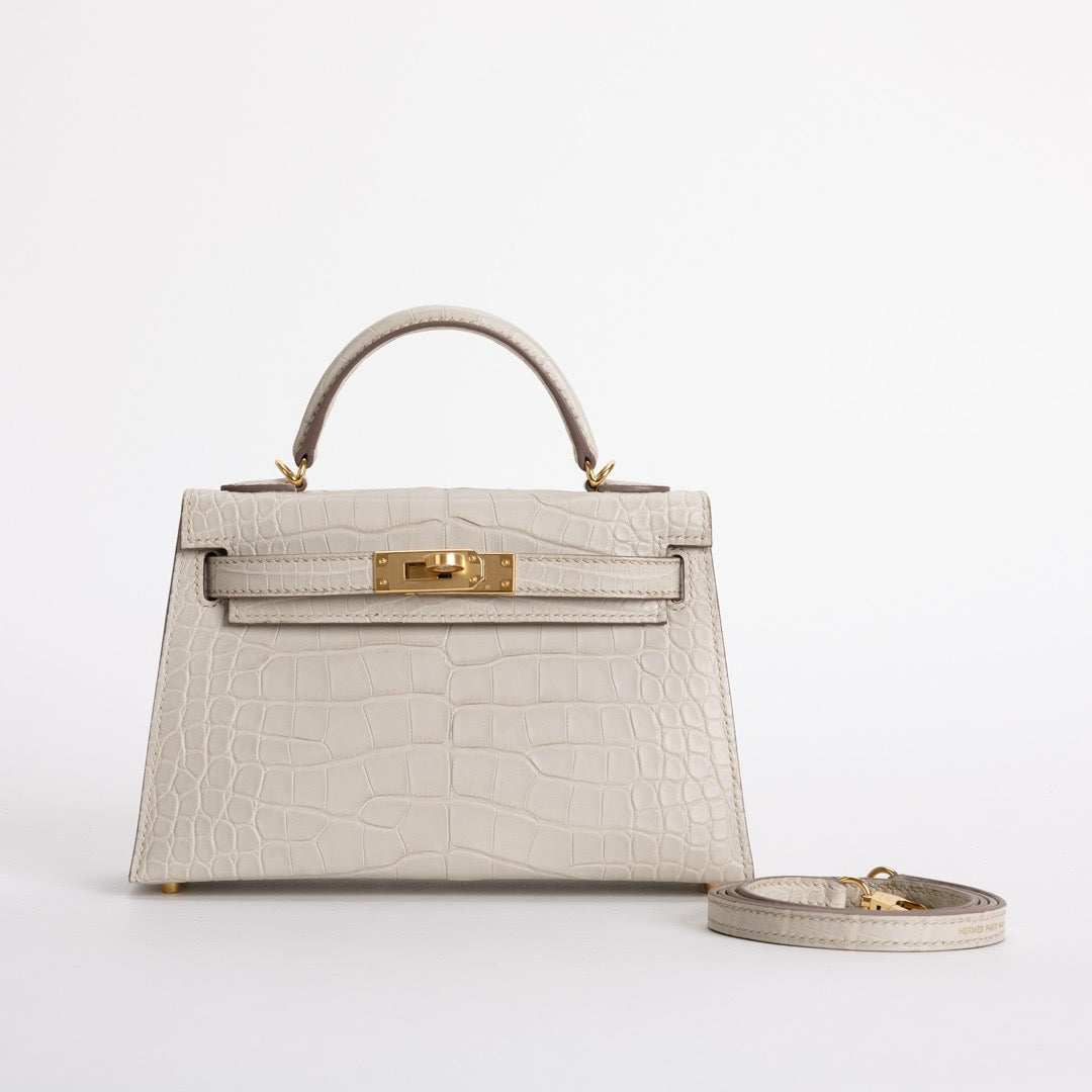 MINI KELLY II (20) MATTE MISSISSIPPIENSIS ALLIGATOR LEATHER BETON WITH GOLD HARDWARE (GHW)