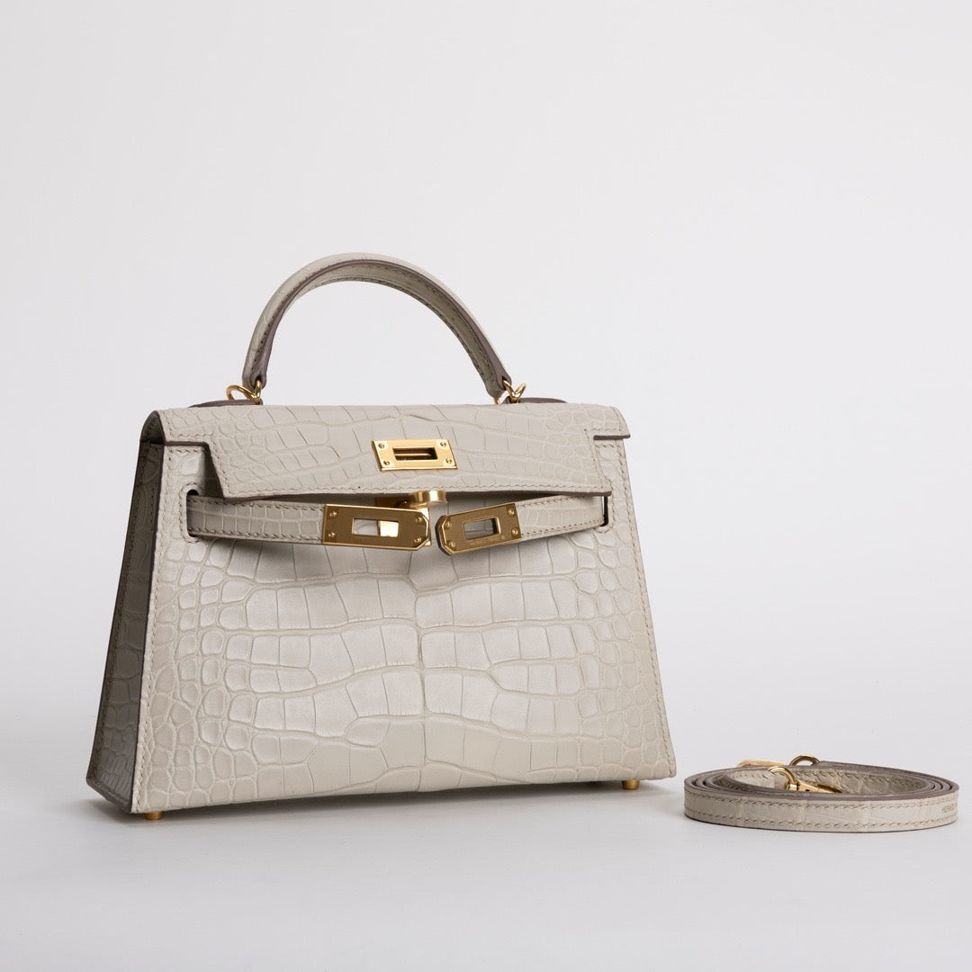 MINI KELLY II (20) MATTE MISSISSIPPIENSIS ALLIGATOR LEATHER BETON WITH GOLD HARDWARE (GHW)