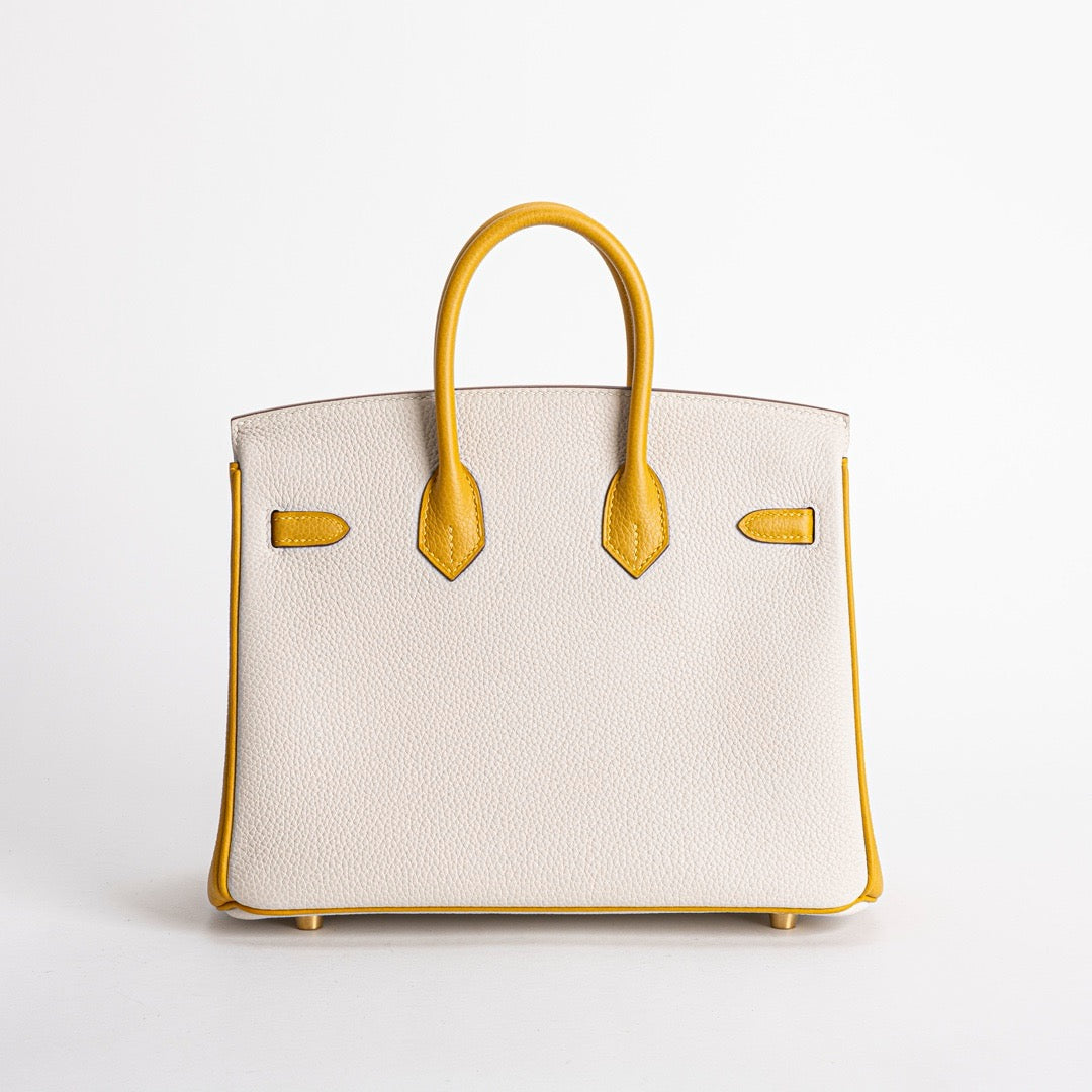 BIRKIN 25 TOGO LEATHER HORSESHOE STAMP (HSS) BI-COLOR CRAIE & JAUNE AMBRE WITH BRUSHED GOLD HARDWARE (BGHW)