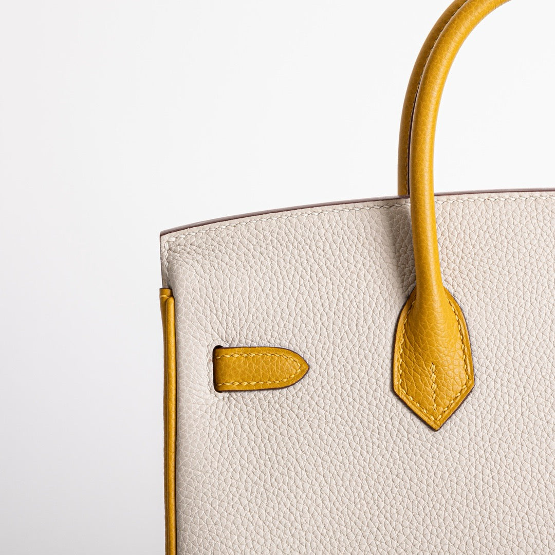 BIRKIN 25 TOGO LEATHER HORSESHOE STAMP (HSS) BI-COLOR CRAIE & JAUNE AMBRE WITH BRUSHED GOLD HARDWARE (BGHW)