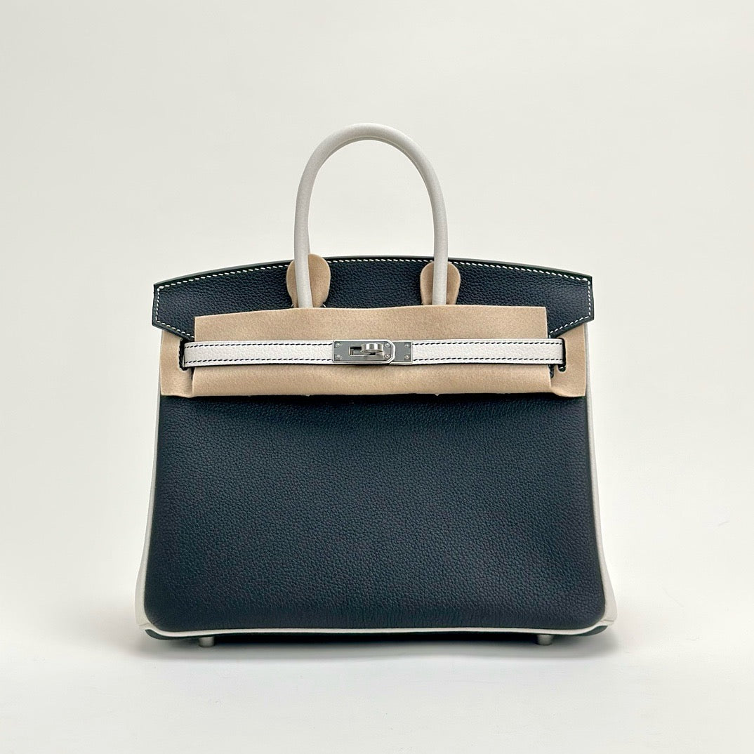 BIRKIN 25 TOGO LEATHER HORSESHOE STAMP (HSS) BI-COLOR NOIR (BLACK) & WHITE WITH PALLADIUM HARDWARE (PHW)