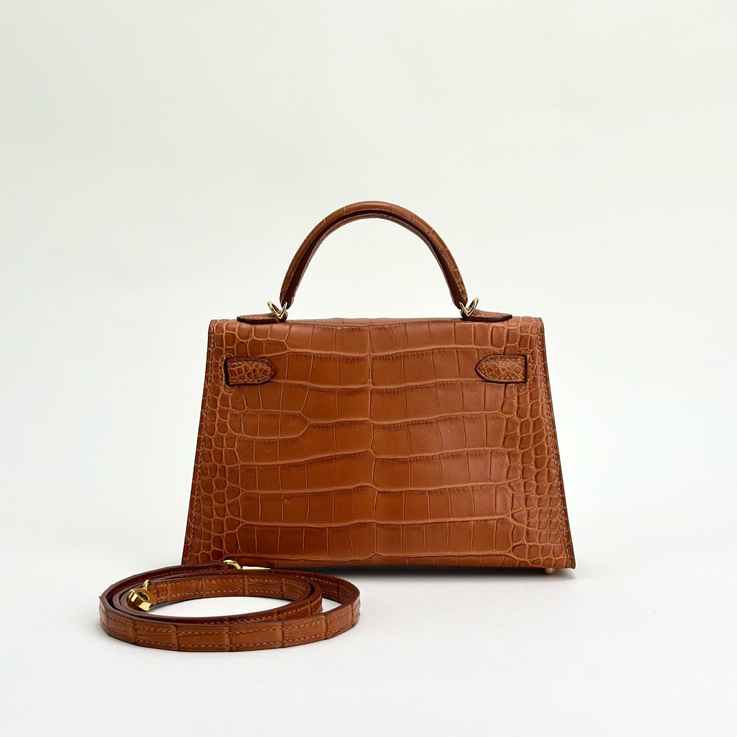 MINI KELLY II (20) MATTE MISSISSIPPIENSIS ALLIGATOR LEATHER GOLD WITH GOLD HARDWARE (GHW)