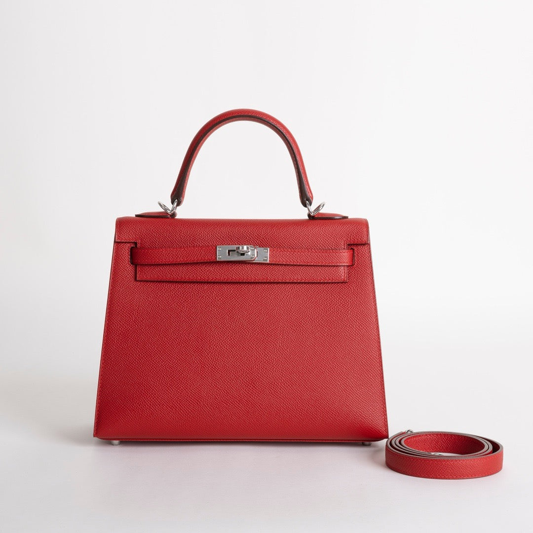 KELLY 25 EPSOM LEATHER ROUGE CASAQUE WITH PALLADIUM HARDWARE (PHW)