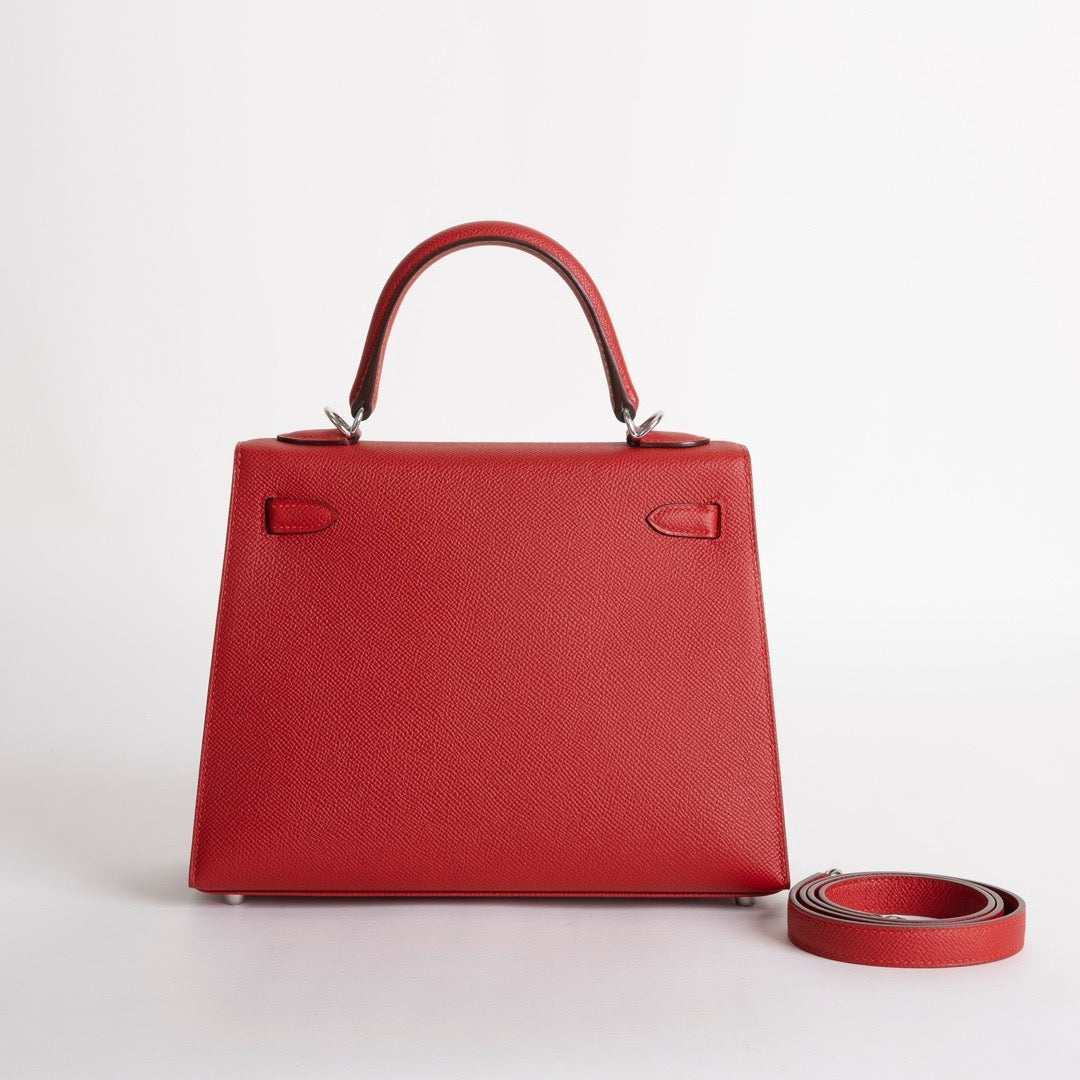 KELLY 25 EPSOM LEATHER ROUGE CASAQUE WITH PALLADIUM HARDWARE (PHW)