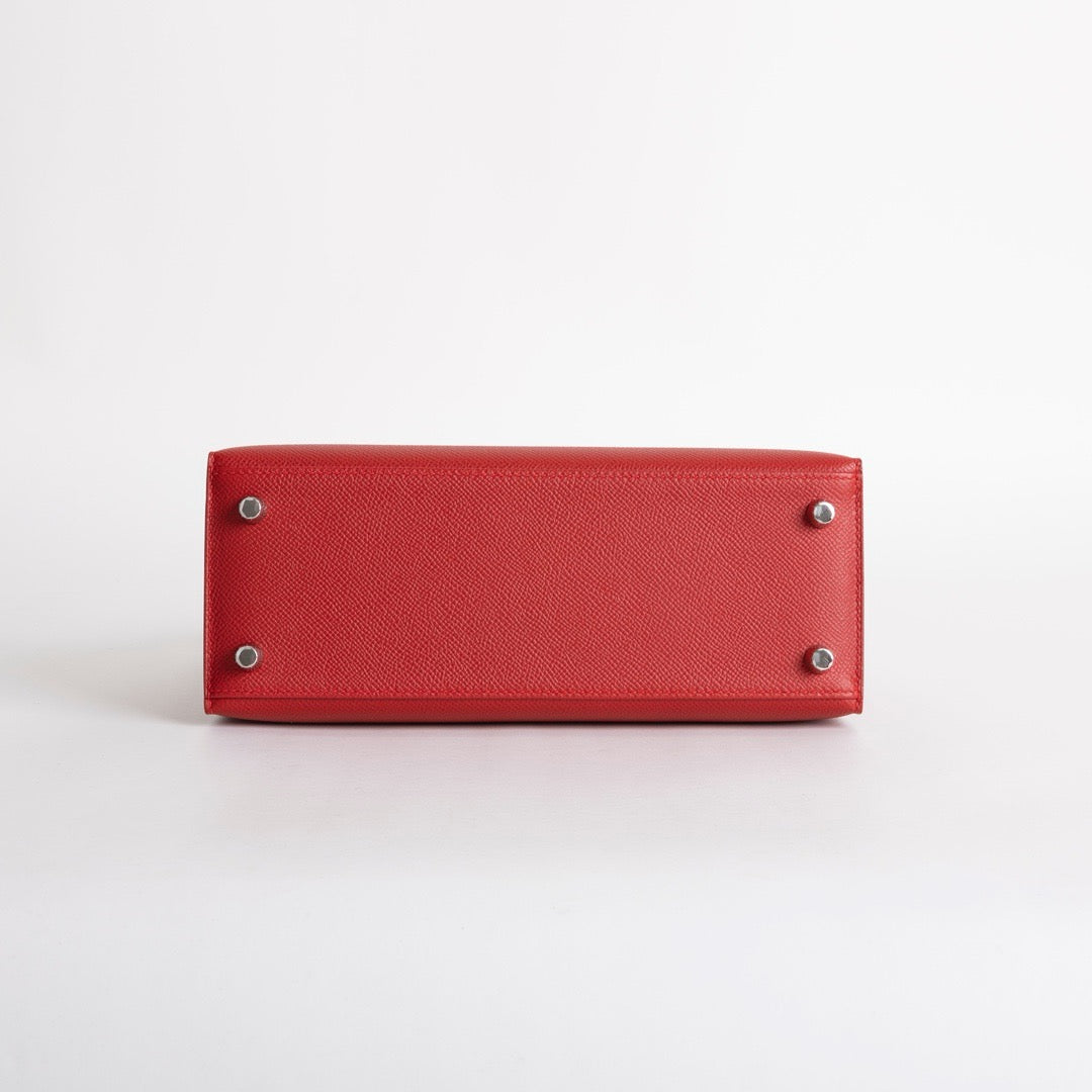 KELLY 25 EPSOM LEATHER ROUGE CASAQUE WITH PALLADIUM HARDWARE (PHW)