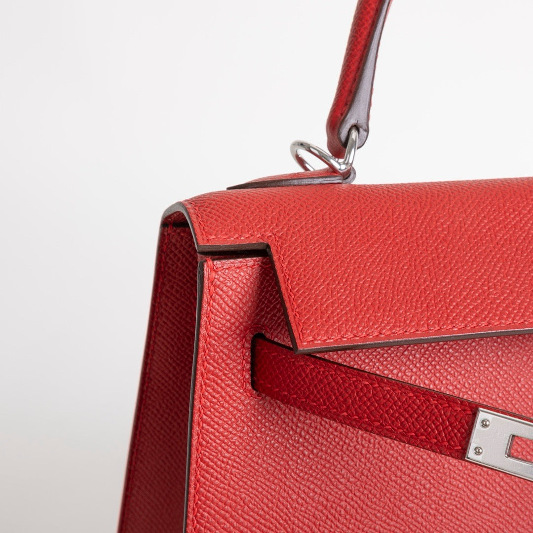 KELLY 25 EPSOM LEATHER ROUGE CASAQUE WITH PALLADIUM HARDWARE (PHW)