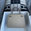 KELLY 25 EPSOM LEATHER HORSESHOE STAMP (HSS) BI-COLOR TRENCH & ETOUPE WITH BRUSHED GOLD HARDWARE (BGHW)